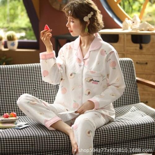 Thicken Qulited 100% cotton scuba sleepwear women pajamas sets winter keep warm long-sleeved Japanese sweet women pyjamas