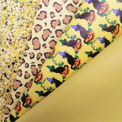 Yellow Chunky Glitter Leather Fabric Halloween Pumpkins Leopard Printed Synthetic Leather Fabric Sheets For BOW DIY 21X29CM G507