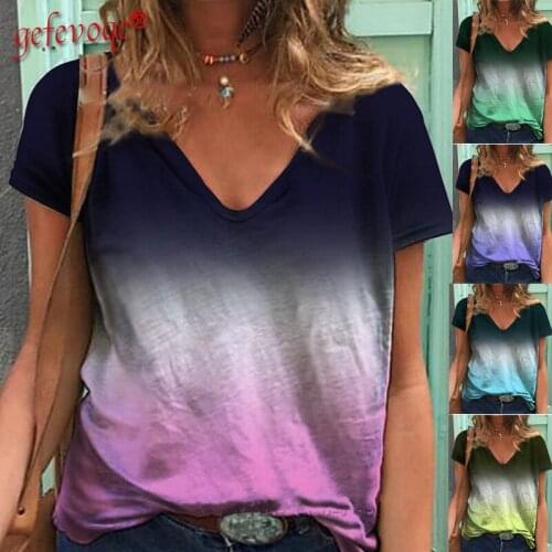 Gradient Pattern Printed Womens Clothing 2021 Summer V Neck Short Sleeve T Shirts Casual Loose Tees Oversized Oversized Tops