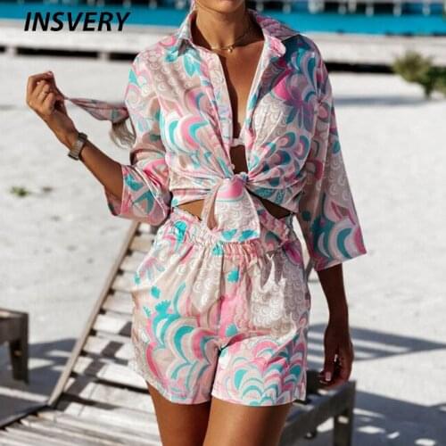 Summer Women Shorts Set Print Long Sleeve Cardigan Tops Shorts Two Piece Set Print Outfits Female Holiday Beach Wear 2021