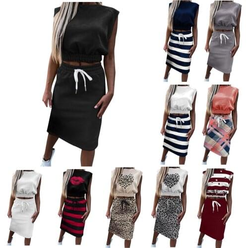 Womens Suit Women Solid Top Printing Slit Beach Long Maxi Skirt Two-piece Suit Set Summer Streetwear Ropa Conjuntos De Vestido