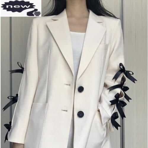 Office Ladies Elegant White Blazers Design Asymmetry Bowknot Loose Fit Casual Jacket Women Solid Single Breasted Suit Jackets