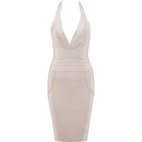 Women Bandage Dress 2018 Rayon Summer Sexy Night Out Club Nude Halter V Spaghetti Strap Vestidos Bodycon Celebrity Party Dresses