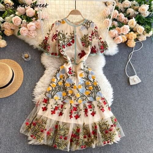 Retro Embroidered Mesh Womans Dress Summer O-neck Short-sleeve High Waist French Dress Woman Clothing Evening Party Dresses