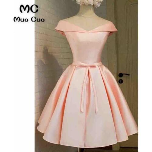 2018 Off Shoulder Short Homecoming dress Satin Cocktail party dress Above Knee Bow Lace Up Back homecoming Graduation dress