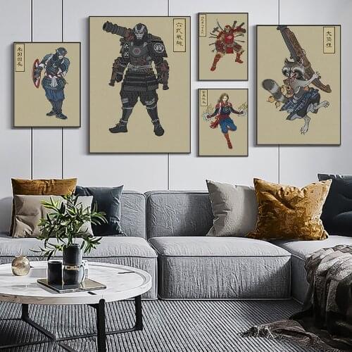 Watercolor Marvel Samurai Style Comic Canvas Painting Captain America Poster and Print Creative Wall Picture for Home Decoration