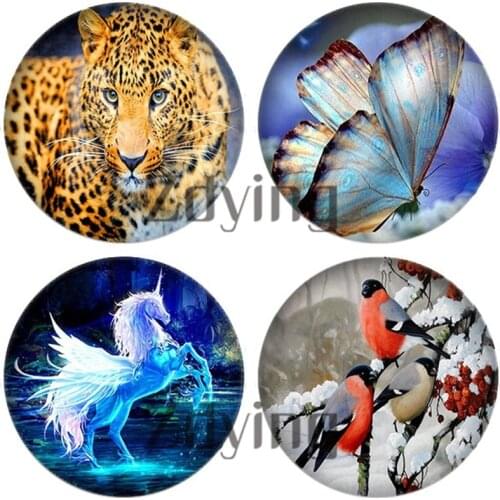 10pcs/lot Animal Birds Horse Leopard Butterfly Dragon Pattern Round Glass Cabochon Beads Demo Flat Back Making Jewelry Findings