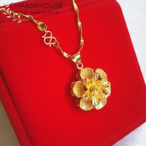 Charmhouse Yellow Gold GP Necklaces For Women Flower Pendant & Necklace Waterwave Chain Collier 18 inch Wedding Bridal Jewelry