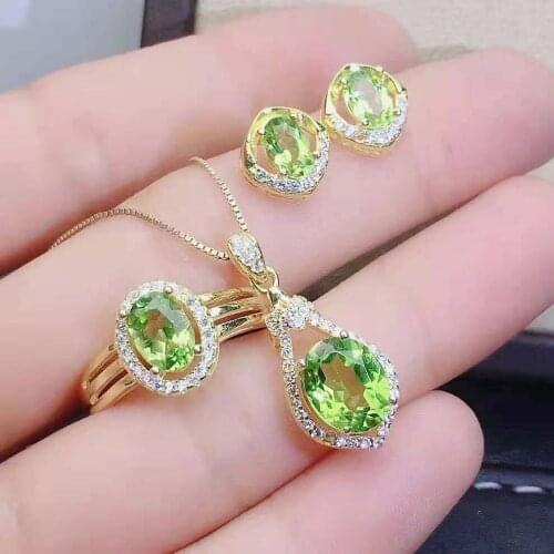 Natural Olivine Earrings Ring Pendants Necklace Set S925 Silver Fine Fashion Weddings Jewelry Women MeibaPJFS