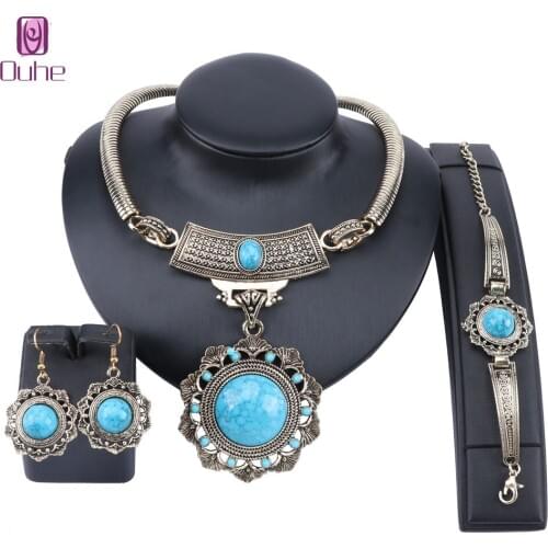 Vintage Gold Gem Crystal Jewelry Sets Nigerian Wedding Costume Necklace Earring Bracelet Party Gift Jewelry Set