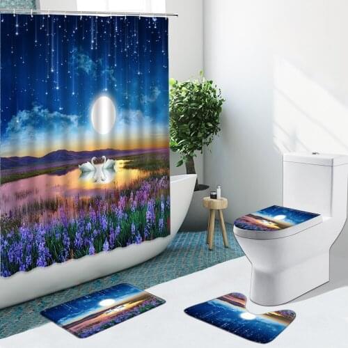 Lavender Star Sky Swan Shower Curtains Flower Plants Non-Slip Flannel Rugs Toilet Cover Bath Mat Indoor Home Decor Bathroom Set