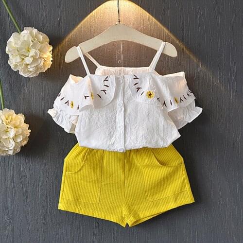 Summer Girls' Clothing Sets Korean Off-the-shoulder Short Sleeve Top +Pocket Pants 2PCS Baby Kids Clothes Suit Children Clothing