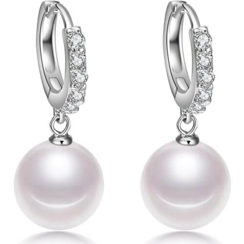 Hot 10MM Luxury 925 sterling silver Pearls Drop Earrings for Wedding Party Jewelry CZ Zircon Stone Dangle Earring