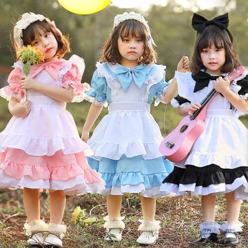 Japanese Sweet Lolita Girls Kawaii Dress With Headband Party Clothes Children Fashion Outfit Bow Lace Princess Costume