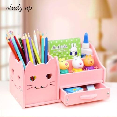 Multi - Functional Pen Holder Students Cute Desktop Wood Accessories Stationery Barrels Storage Box Pink Desk Accessories Desk