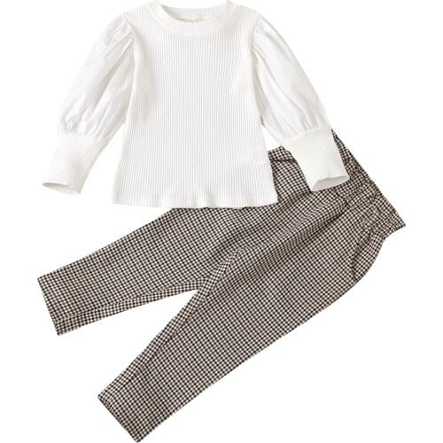2021 1-6Y Fashion Kids Baby Girl Clothes Set White Solid Lantern Long Sleeve Blouse+Plaid Print Pants Autumn Outfits 2pcs