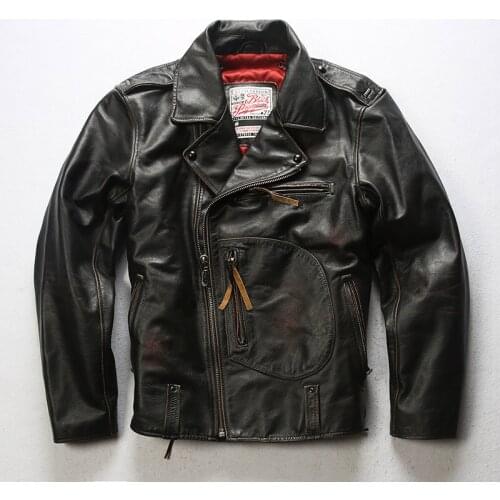 2020 New Vintage Brown Men Genuine Motorcycle Leather Jacket Diagonal Zipper Genuine Cowhide Slim Fit American Motorcycle Jacket