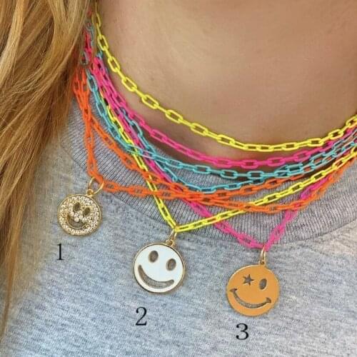 5Pcs Rainbow color chain necklace, fashion happy smile face pebdant cz necklace for summer