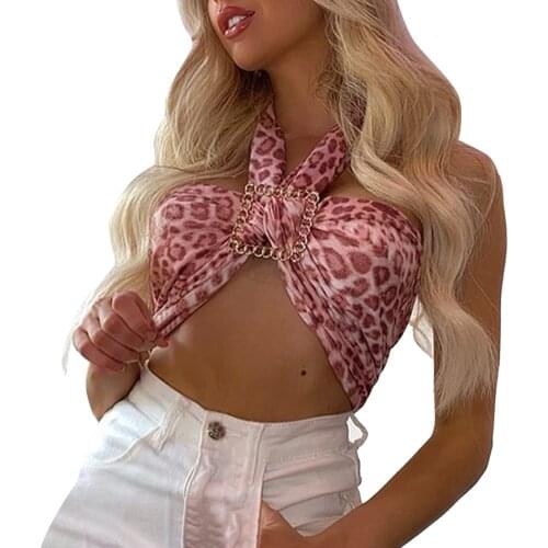 Sexy Vintage Leopard Print Camisole Tops Women Sleeveless Bandage Halter Tank Top Club Holiday Summer Casual Fashion Crop Top