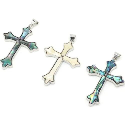 New Fashion Natural Abalone Shell Charms Exquisite Cross Shape Punk Angel Satan Pendant for Jewelry Making DIY Necklace 47x67mm