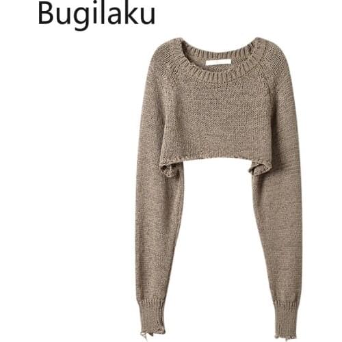 Bugilaku Long Sleeve Knit Pullover Jumpers Solid Color Autumn New Short Sweater High Street All-match Chic Knit Ladies Tops