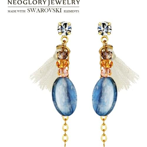 Neoglory Natural Stone & Rhinestone & Tassels Long Drop Earrings Fresh Blue Color Girl Daily Party Gift For Classic Lovely