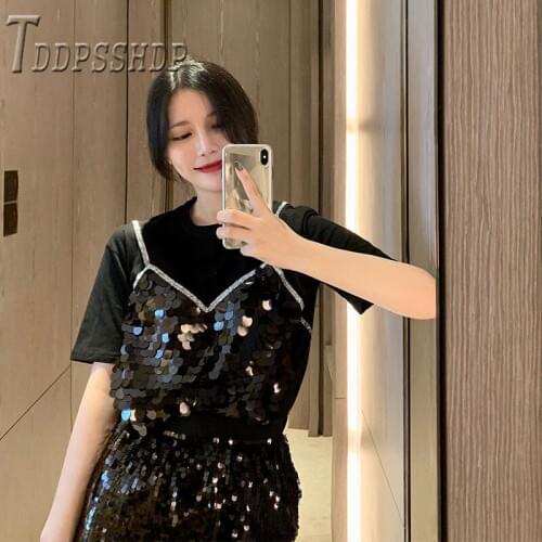 2019 Summer Fake Two Pieces Women T Shirt Sequins Chic Fashion Female Tee Shirts