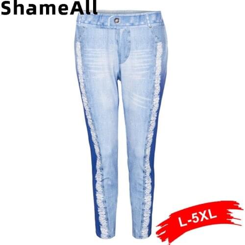 Plus Size Tassel Print Fake Jeans Leggings 4xl Contrast Color Stretchy Skinny Joggers Slim Fit Outfits Streetwear Long Trousers