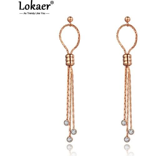 Lokaer Titanium Stainless Steel CZ Crystal Geometry Tassel Earrings Rose Gold Fashion Bohemia Party Earrings For Women E20195
