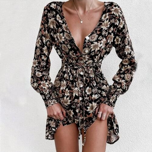 Spring New Print Dress Women Casual Full Sleeve Lace Up High Waist Floral Dress For Women 2021 Summer Chiffon Boho Y2K Dress