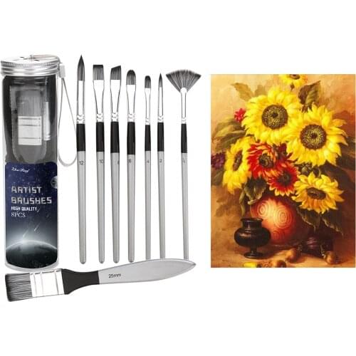 8x Filbert Liner Paint Brushes Round Watercolor Drawing Brush Holder