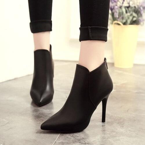 New Fashion Patent leather PU Pointed Toe High Heel Boots Shoes Woman black Ankle Boots Women Shoes Thin Heel Women Boots 35-39