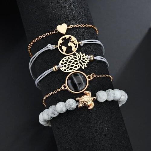 1set(5pcs) Popular Bracelet Fashion Turtle Pineapple Map Heart Set Bracelets For Women Jewelry Chain Dropshipping