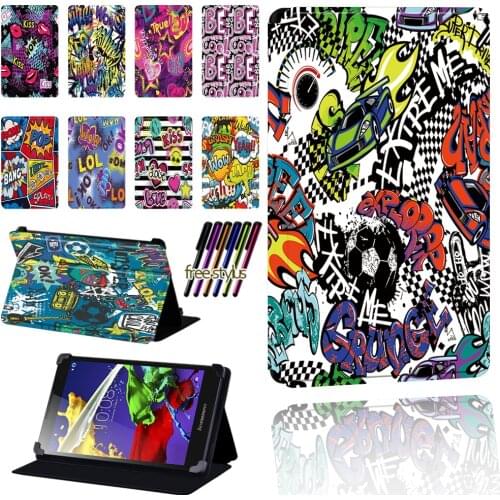 Graffiti Pattern Case for Lenovo Tab 2 A7 / A8 / A10-70 / Tab 3 / Tab 4 Tablet Pu Leather Foldable Protective Case + Pen
