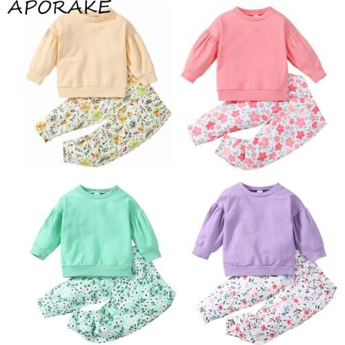 2021 0-6Y Sweet Kids Baby Girl Clothes Set Solid Color Puff Long Sleeve Sweatshirt+Floral Print Pants Tracksuit Spring Fall 2pcs