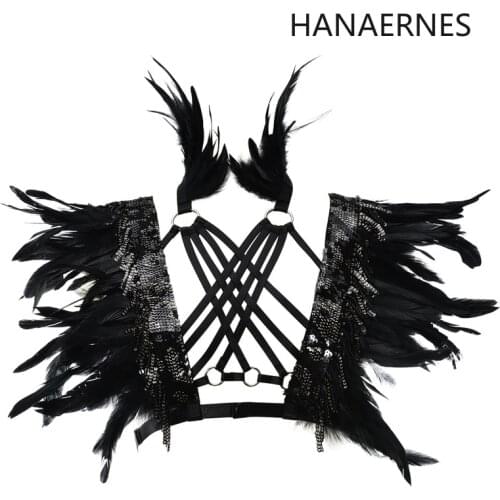 HANAERNES Fashion Black Feather Harness Punk Feather Cage Bralette Open Chest Feather Bra BDSM Exotic Goth Lingerie Feather Tops