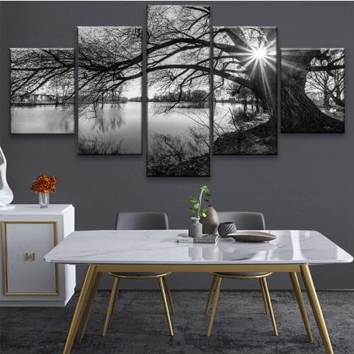 HD printed black white painting tree river canvas wall art 5 piece Painting for living room decor posters Bedside Background