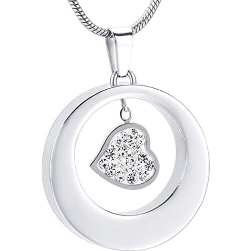 JJ001 Hold Clear/Blue Crystal Heart Charm Circle Stainless Steel Memorial Urn Necklace For Cremation Ashes - Engravable Keepsake