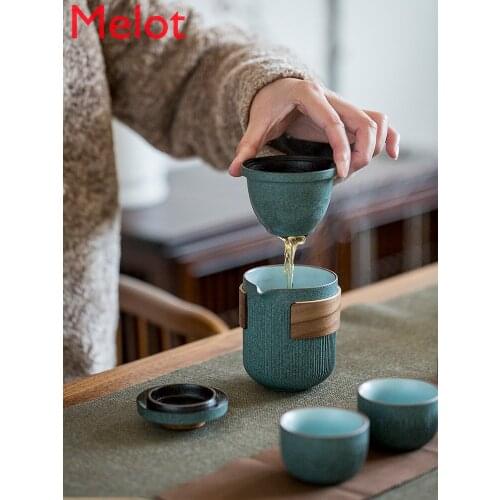 Bluestone Glaze Striped Quick Cup One Pot Two Cups Four-Cup Ceramic Travel Portable Tea Set Outdoor tea cup set