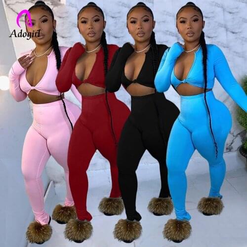 Fitness Women Two Piece Set Lounge Wear Outfits Deep V Neck Long Sleeve Crop Top and Fitness Legging Pant Sporty Suit Activewear