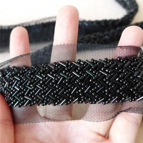 Hot Sale One Yard Black Rhinestone Trims Mesh Lace Ribbon Trims Beading Chain Trim For Wedding Dress, Bridal Fabric By The Yard
