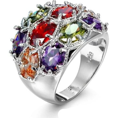 Fashion Flower Shiny Red Ring Red Garnet Women Charming Engagement Jewelry silvery Gold Filled Promise Rings Bijoux Femme KCJZ98