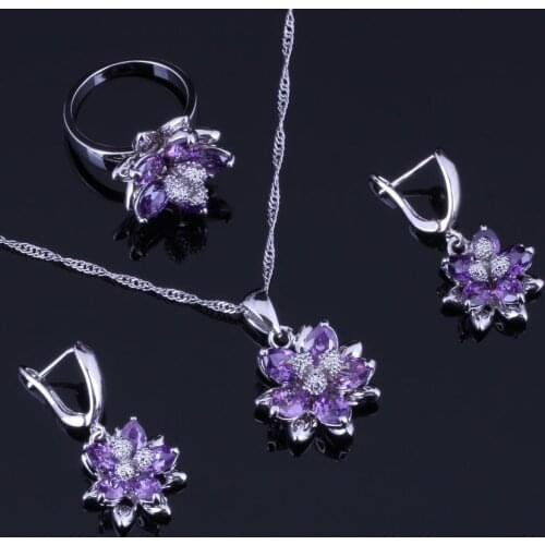 Shiny Flower Purple Cubic Zirconia White CZ Silver Plated Jewelry Sets Earrings Pendant Chain Ring V0298