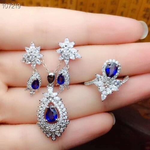 Natural Sapphire Luxury Earrings Rings Pendants Necklace Set S925 Sterling Silver Fine Fashion Jewelry for Women MeibaPJFS