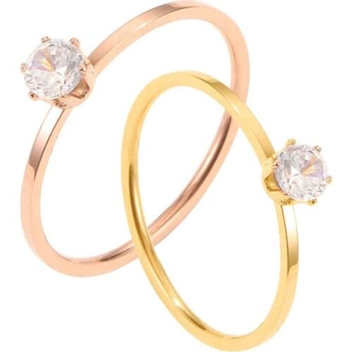 Stainless Steel Thin Zircon Ring Classic Single Zirconia Six Claw Ring For Women Rose Gold Minimalist Jewelry