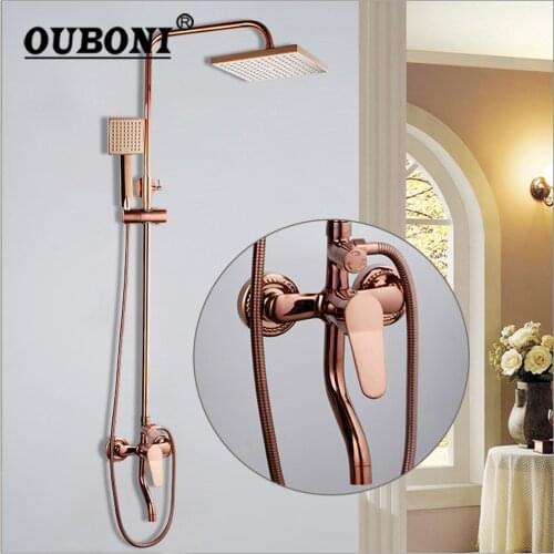 OUBONI Rose Golden Shower Faucet Solid Brass Mixer Handle Bathroom Bathtub Set Mixer Rainfall Hand Shower & Spray Shower Facuet
