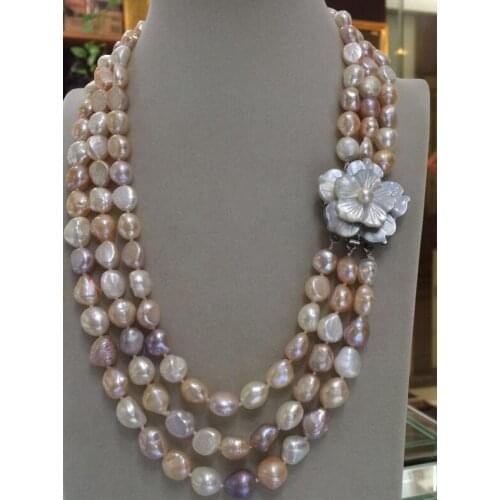 Big 3 Row 7-8/8-9/9-10mm Baroque White Pink Purple Freshwater Pearl Necklace