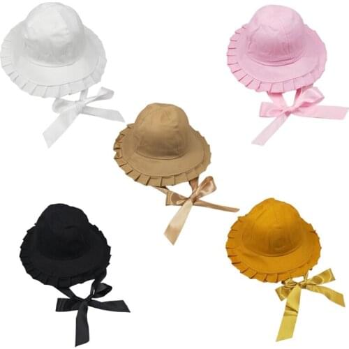 Women Girls Sweet Ruffles Wide Brim Bucket Hat with Satin Long Ribbon Japanese Lolita Bowknot Sunscreen Fisherman