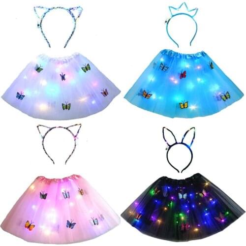 Birthday Party Princess Girls Adult Light Up Butterfly Tutu Skirt Blinking Headband Set Led Clothes Cat Crown Bunny Ear Wedding