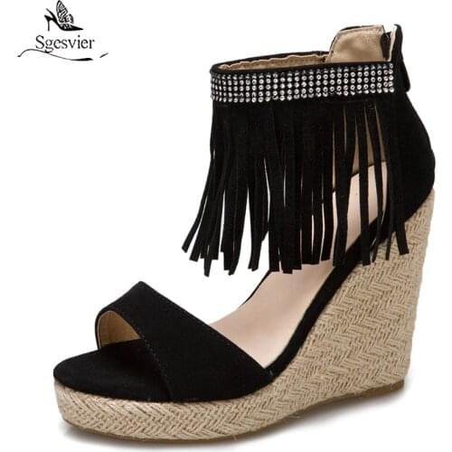 SGESVIER 2021 Summer Fringes Tassels Ankle Strap Crystals Platform Wedges High Heels Fashion Woman Shoes Sandals Plus Size 46